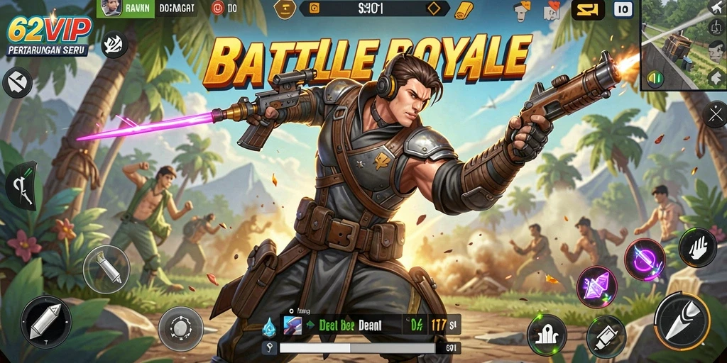 Screenshot 62VIP menunjukkan pemain berjuang dalam pertempuran sengit Battle Royale.