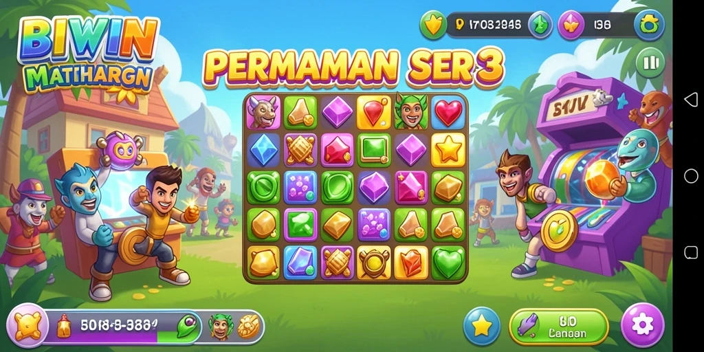 Tangkapan layar utama BIWIN menunjukkan aksi permainan Match-3 yang seru.