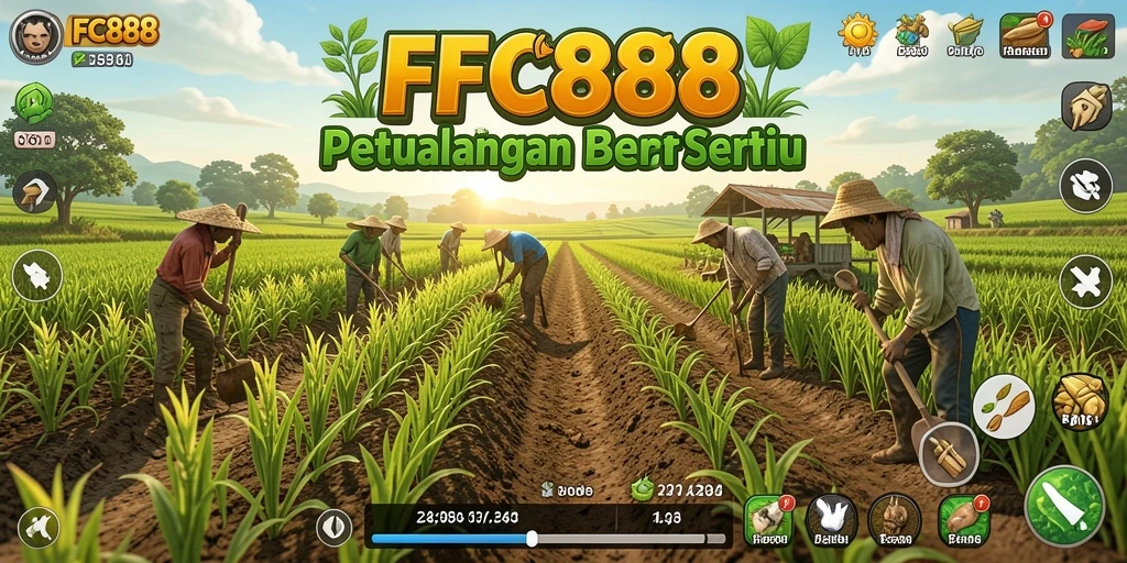 Screenshot gameplay FC888 dengan kebun yang subur dan hewan peliharaan.