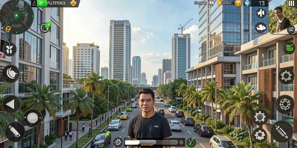 Tangkapan layar utama FILTER303 menampilkan gameplay simulasi yang realistis.