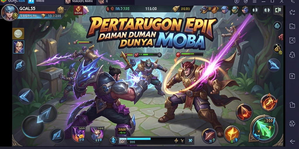 Tampilan gameplay intens di arena pertempuran MOBA GOAL55.