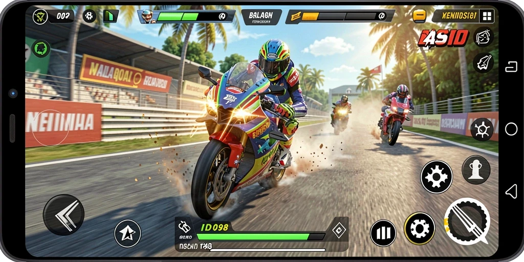 Tampilan gameplay balapan motor dari ID098 yang seru dan mendebarkan.