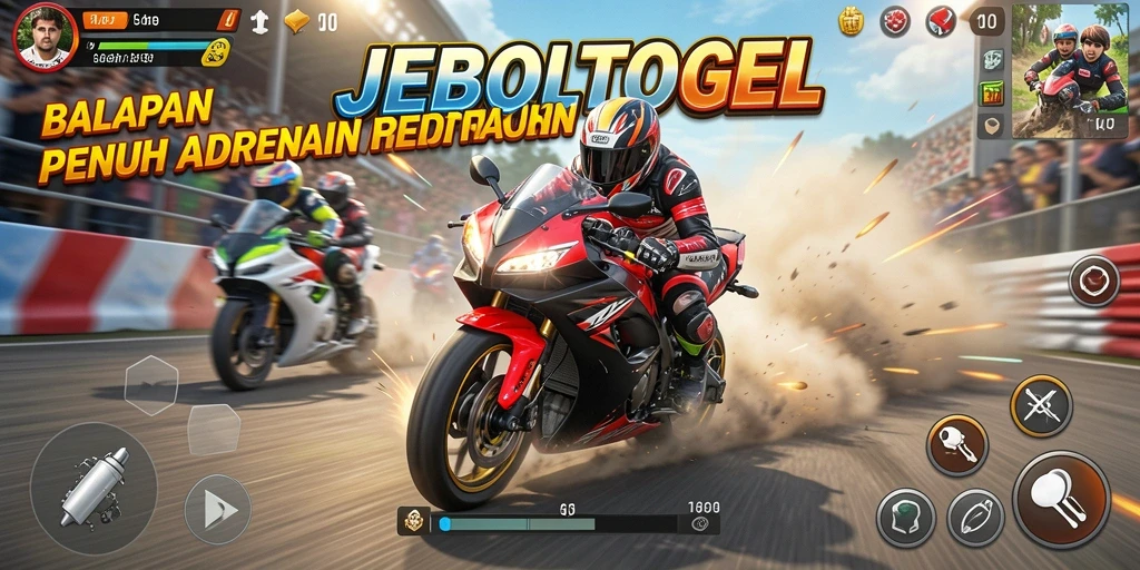 Gameplay seru dalam JEBOLTOGEL saat balapan motor di lintasan menantang.