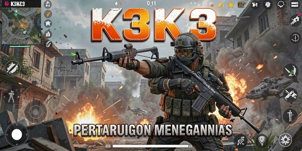 Screenshot K3K3 menampilkan aksi tembak-menembak yang intens dalam gameplay FPS.