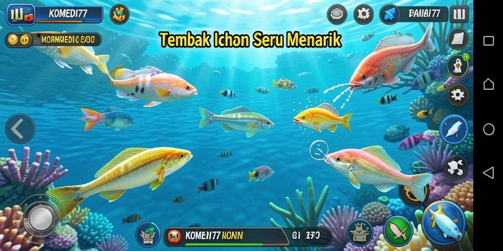 Tampilan gameplay seru KOMEDI77 dengan berbagai jenis ikan untuk ditangkap.
