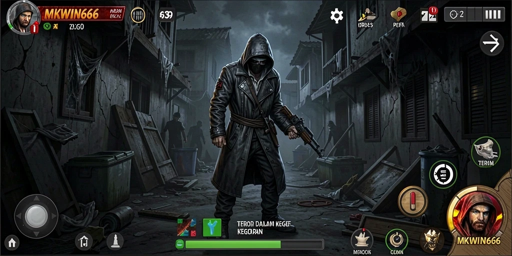 Tampilan gameplay mengerikan dalam MKWIN666 menampilkan kegelapan yang menakutkan.