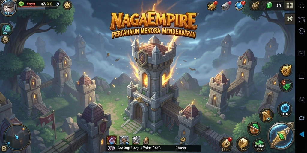 Screenshot gameplay NAGAEMPIRE menampilkan menara pertahanan yang strategis.