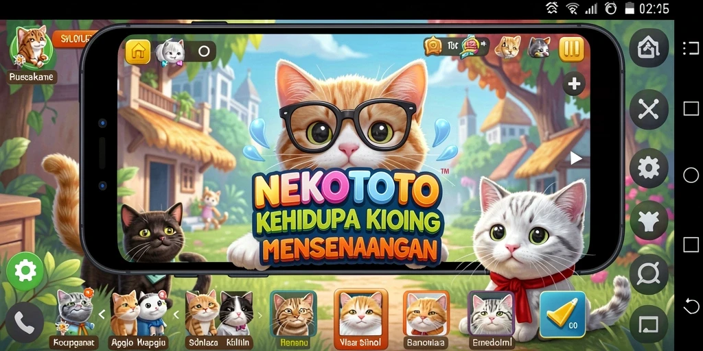 Tampilan gameplay NEKOTOTO dengan kucing yang lucu dan beragam aktivitas.
