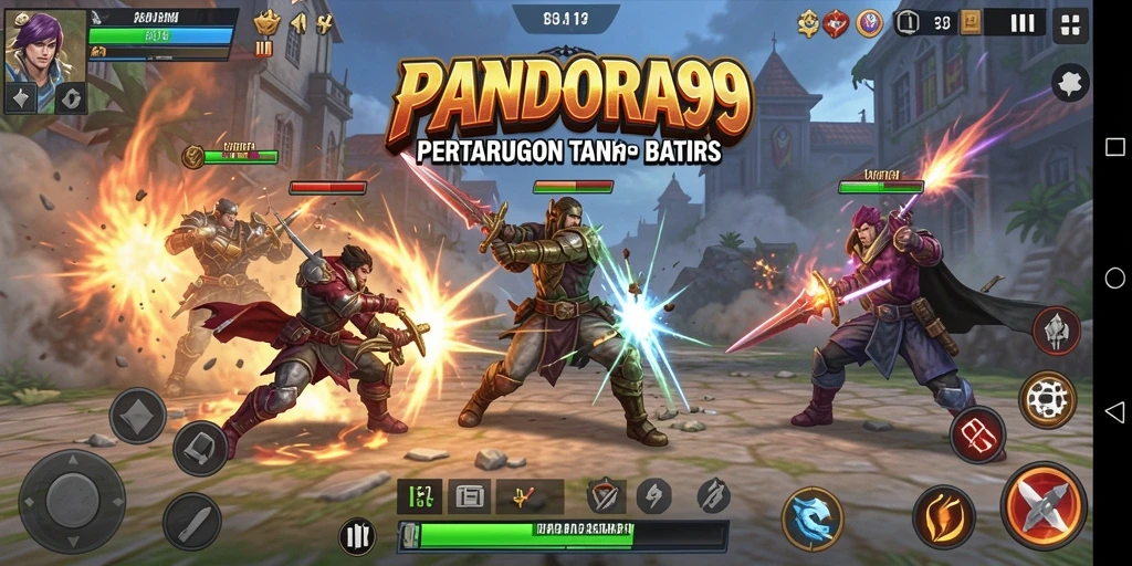 Screenshot gameplay PANDORA99 menampilkan pertarungan epik dengan karakter yang beragam.