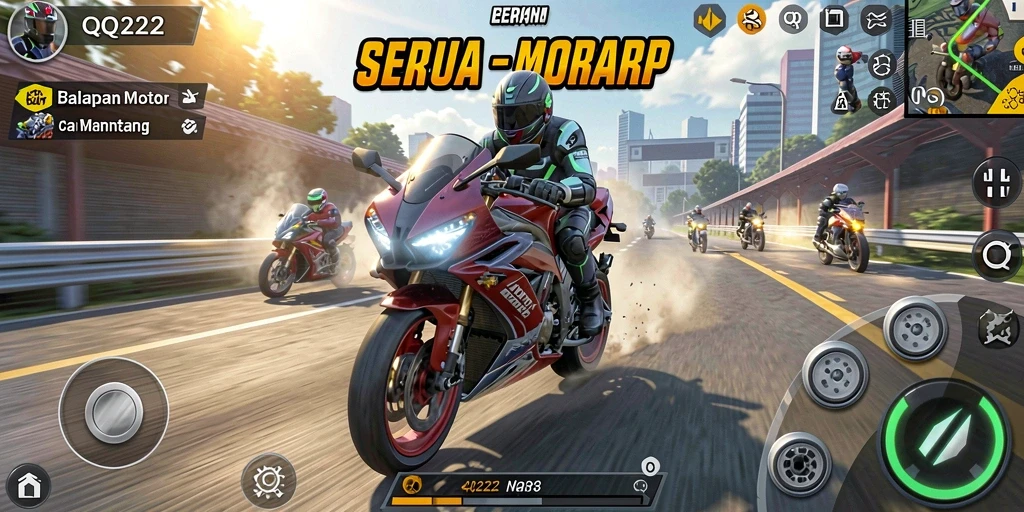Gameplay QQ222 yang menampilkan balapan motor seru dan grafik yang memukau.