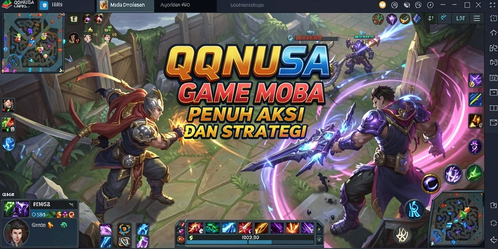 Screenshot utama QQNUSA menampilkan pertarungan hero yang seru di arena.