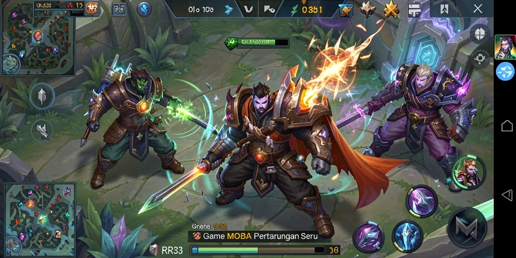 Tangkapan layar gameplay RR33 menunjukkan aksi pertarungan yang seru dan karakter unik.