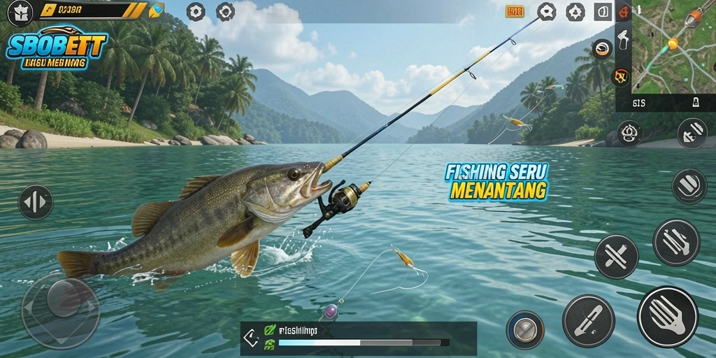 Tampilan utama SBOBET menampilkan momen seru saat menangkap ikan.