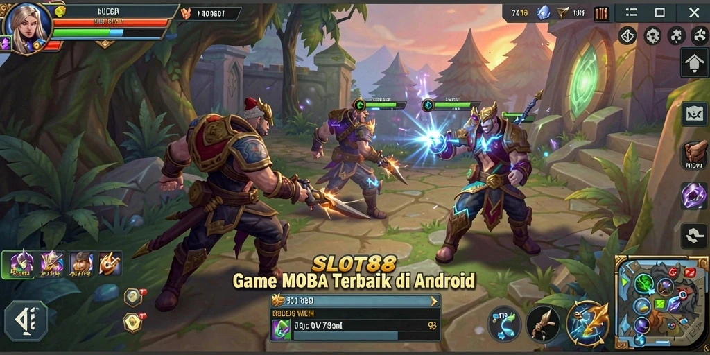 Screenshot menunjukkan pertarungan intens dalam game MOBA SLOT88.