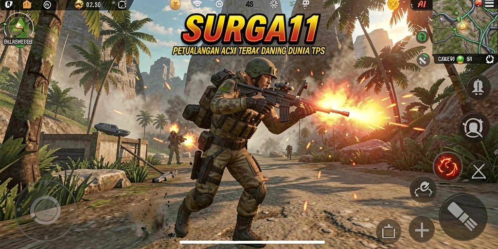 Tampilan gameplay SURGA11 yang menegangkan di medan perang TPS.
