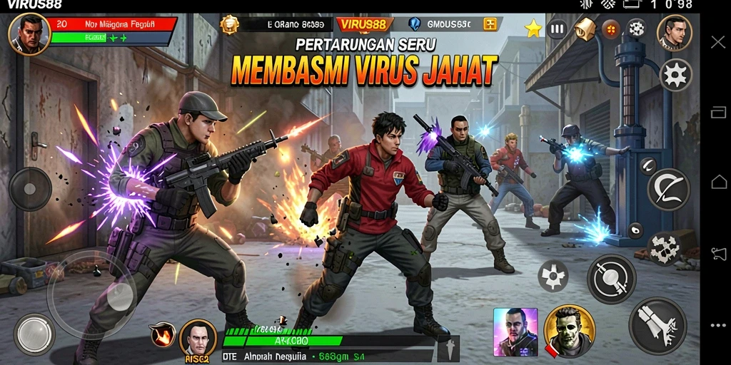 Gameplay seru dalam VIRUS88 melawan virus jahat.