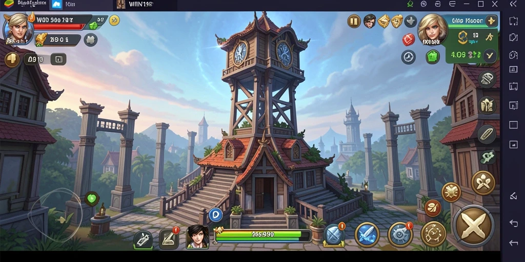 Tangkapan layar gameplay WIN199 menunjukkan aksi menara bertahan melawan gelombang musuh.